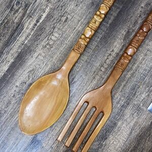 Wooden Fork & Spoon LARGE Vintage Handcarved Tiki Kitchen Decor MCM 22.5"
